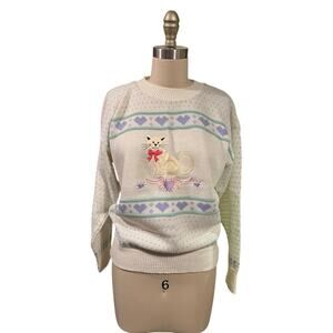 Vintage 80s Kate Collins Pastel Cats Hearts Bows Kawaii Fairy Kei Knit Sweater